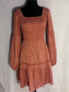 Rust Smocked Long-Sleeve Tiered Mini Dress